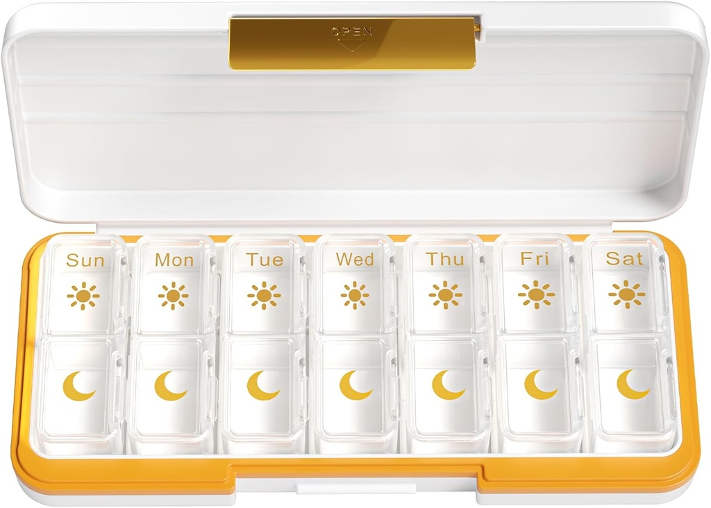 ZoksiはPmの丸薬のオルガナイザー7日、週刊の丸薬箱2日、別のコンパートメント、ビタミン、魚油、薬(白)のために携帯用旅行丸薬の箱ディスペンサーが付いている薬の丸薬のオルガナイザーを回します