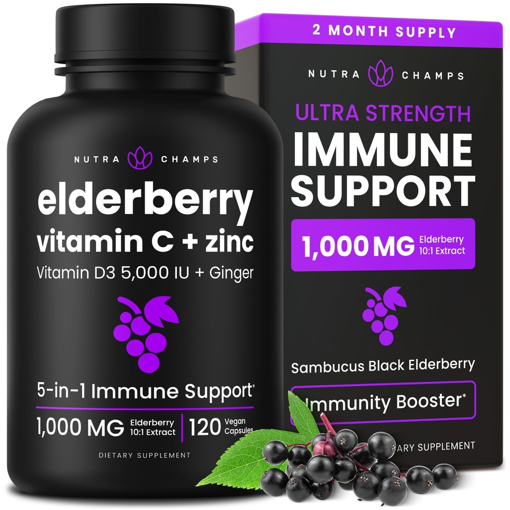 NutraChamps エルダーベリー ビタミン C と亜鉛 - 5 に 1 免疫サプリメント、ビタミン D3 5000 IU のカプセル、Sambucus エルダーベリー エキス 免疫サポート 大人