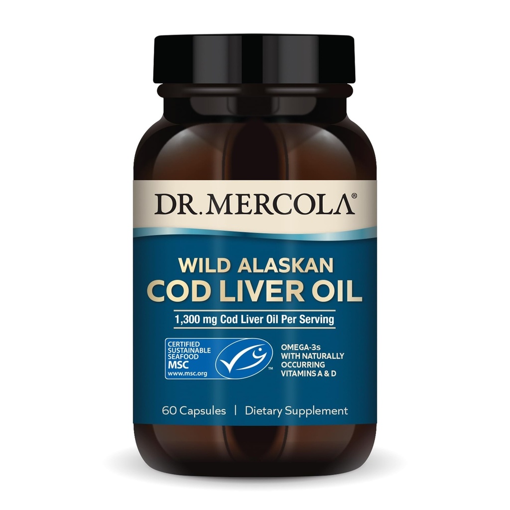 Mercola Codの肝油、サービングごとの1300のmg、30のサービング(60のカプセル)の食事療法の補足、サポート 脳、骨および接合箇所の健康、非GMO、MSCは証明しました