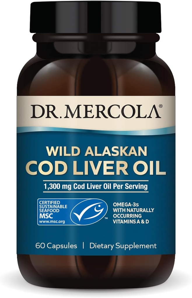 Mercola Codの肝油、サービングごとの1300のmg、30のサービング(60のカプセル)の食事療法の補足、サポート 脳、骨および接合箇所の健康、非GMO、MSCは証明しました