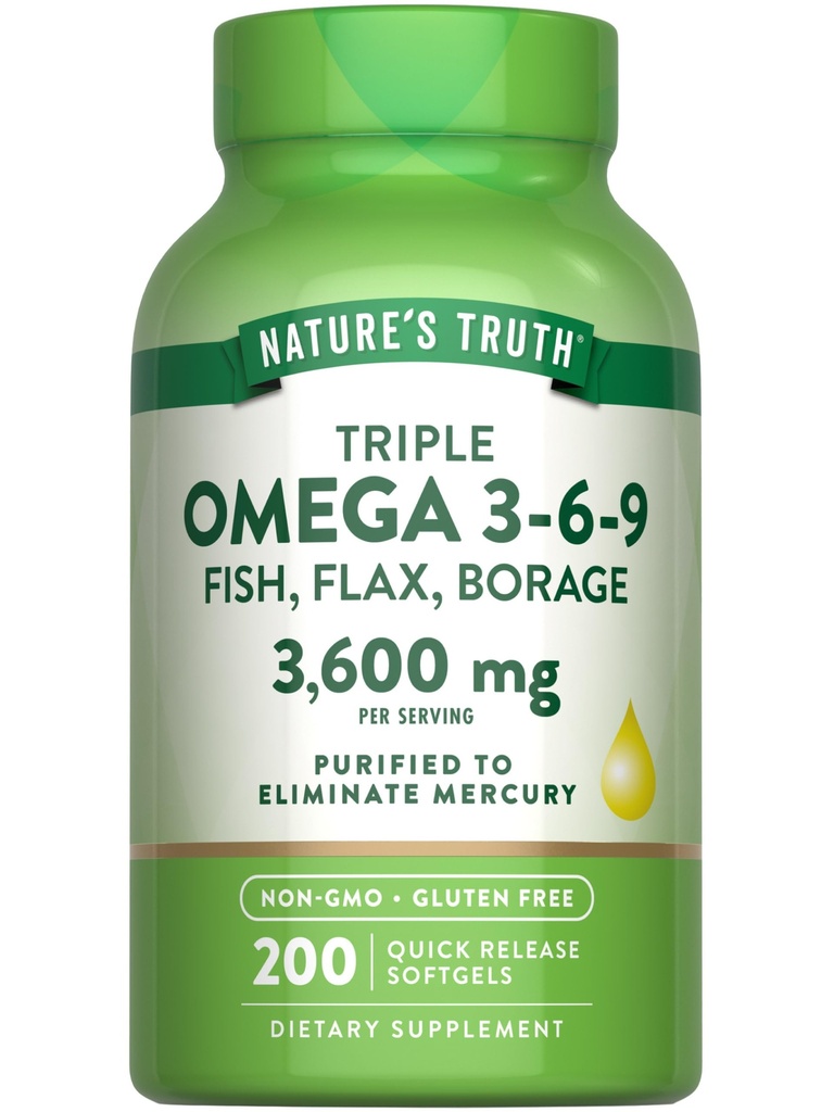 Nature's Truth Triple Omega 3 6 9 | 3600mg | 200 Softgels | フィッシュ・フラックス・ボラージュオイル | 非GMO&グルテンフリーサプリメント