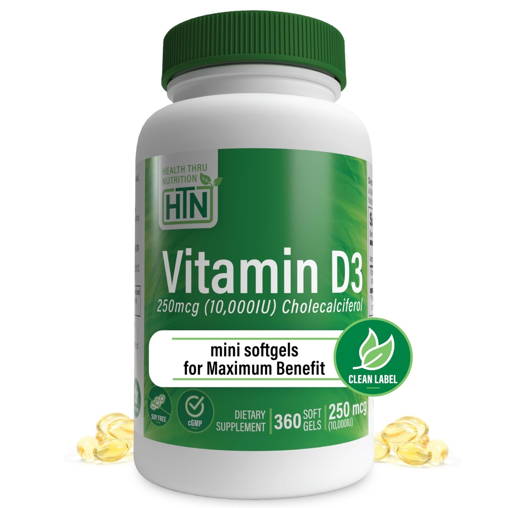 健康スロー栄養ビタミンD3 10,000iu 360ミニソフトジェル 最大給餌用 | 250mcg Cholecalciferol | 3rd Party Test | Non-GMO USP オーガニックエボOグレード | 免疫健康サポート