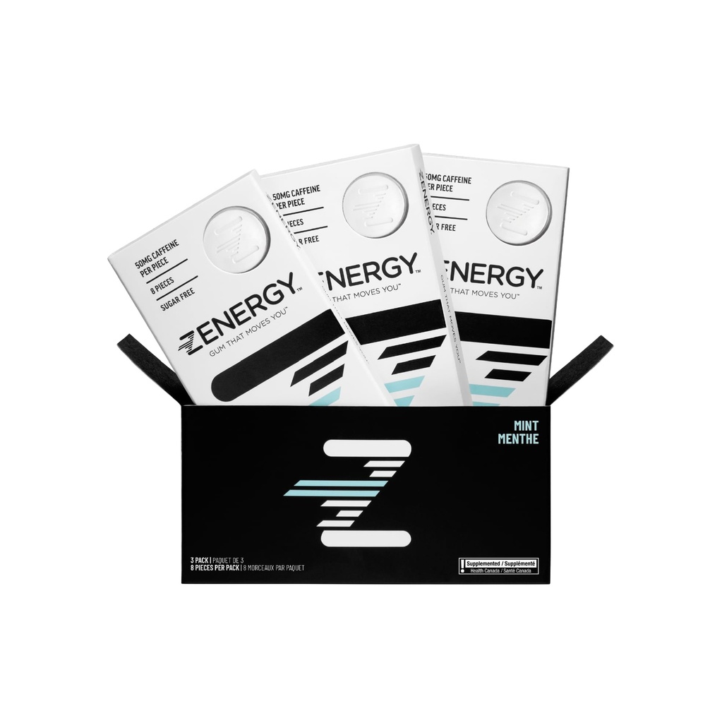 ZENERGYエナジーガム - ミントフレーバー | 50mgカフェイン + 35% B6 と 45% B12 ビタミン | ビーガン, 0 砂糖, 0 カロリー, 0 グルテン, 0 アスパルテーム, 非GMO, インスタントアクション | 3 パック = 24 カウント