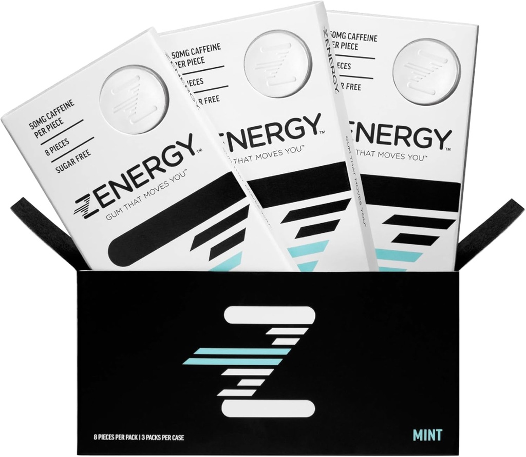 ZENERGYエナジーガム - ミントフレーバー | 50mgカフェイン + 35% B6 と 45% B12 ビタミン | ビーガン, 0 砂糖, 0 カロリー, 0 グルテン, 0 アスパルテーム, 非GMO, インスタントアクション | 3 パック = 24 カウント