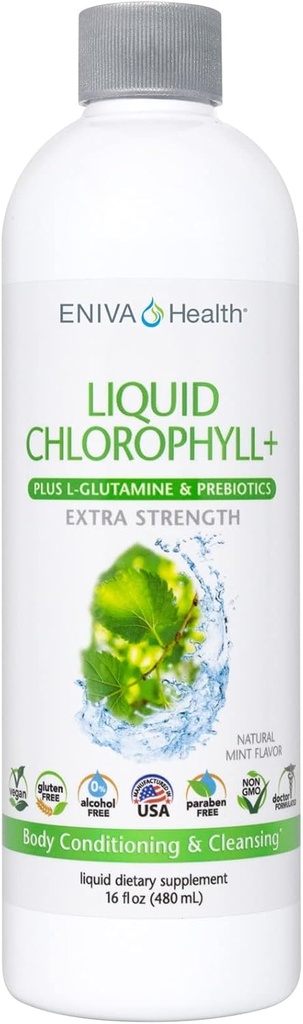 Eniva Health Liquid Chlorophyll スーパーグリーン | 24K MG プレバイオティクス & L グルタミン | ミントフレーバー | 皮膚、免疫、エネルギー、デトックス、腸の健康 | ヴィーガン、グルテンフリー | 48 サービング | アメリカ製
