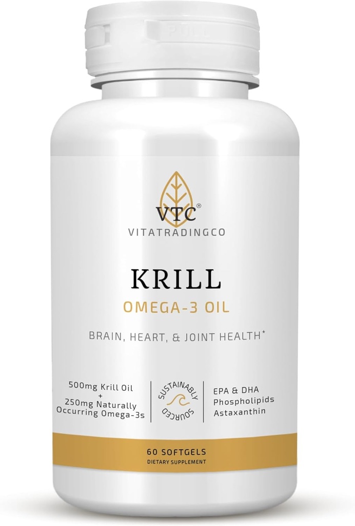 VTC VitaTradingCo. Krill Omega-3 Oil Supplement | 100mg 純正極油(NKO) | EPA & DHA アスタキサンチン | 脳・心臓・関節・眼サポート | 60 Softgels