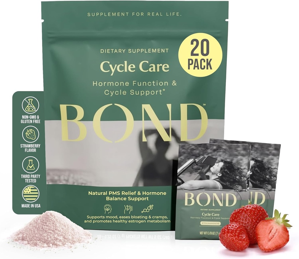 BONDサイクルケア - PMSサポートサプリメント&女性ホルモンバランス - Ashwagandha、L-Tryptophan、マグネシウム、Cramp&気分救済、イチゴドリンクミックス - 20トラベルパック付きコルチゾール減速機