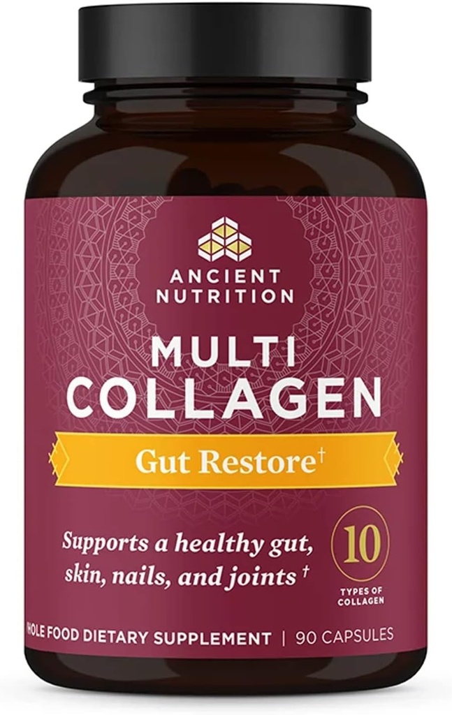 Ancient Nutrition Collagen Pills with Probiotics for Gut Health, Multi Collagen Capsules Gut Restore 90 Ct, Supports Gut, Joints, Hair & Nails, Gluten Free, Paleo and Keto Friendly