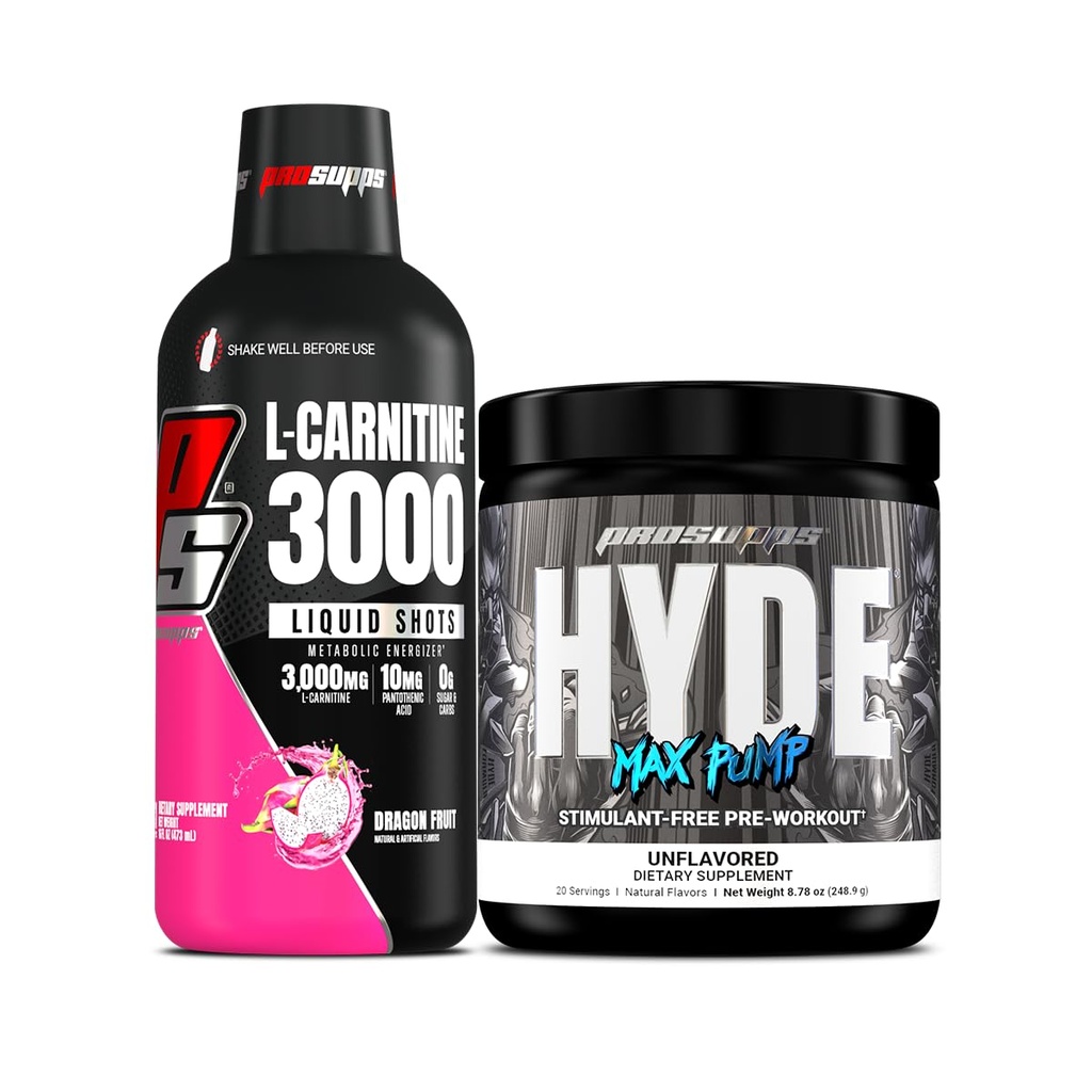 PROSUPPS L-カルニチン3000興奮剤フリー液体ショット(31サービング、ドラゴンフルーツ)と男性と女性のためのハイドマックスポンププレワークアウト(20サービング、アンフレーバー)バンドル