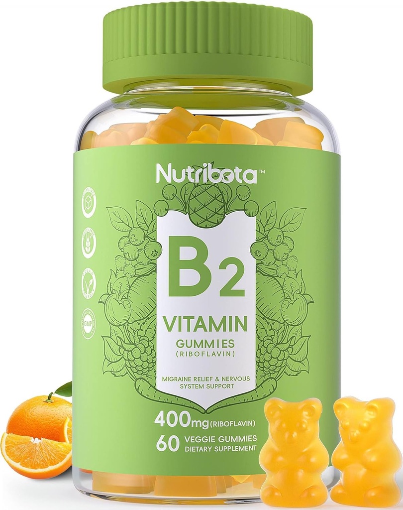 Sugar Free Vitamin B2 Gummies- Riboflavin 400mg 200mg with Magnesium, CoQ10 for Adults & Kids, Vegan, 60 Count