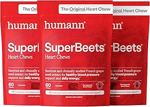 HumanN スーパービートハート咀嚼、ニトリ酸化物および血圧サポート、ブドウ種子エキス&非GMOビートルートパウダーエネルギー、ザクロベリー味、180