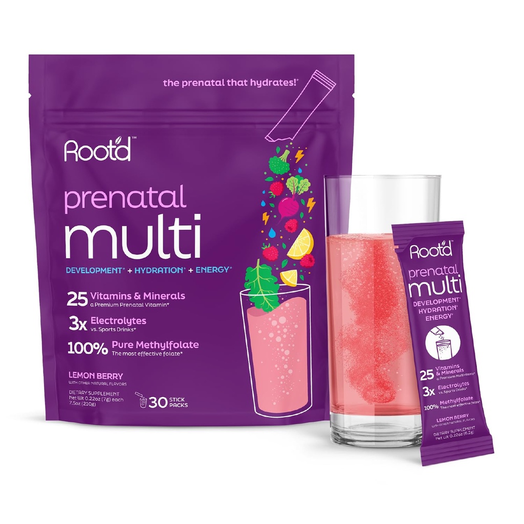 Root'd Prenatal Multivitaminパウダー - 3x電解質、葉酸塩、鉄、D3 for Mom&Baby、7 スーパーフード&プロバイオティクス、砂糖フリービタミン&水分補給  30ビタミンドリンクパケット