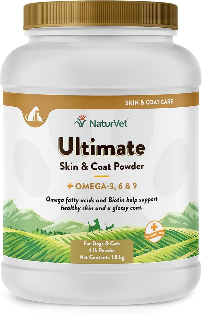 犬と猫のためのNaturVet究極のスキン&コートパウダーペットサプリメント - Omegas 3、6、9、Biotin、ビタミン - 健康な犬のコート、猫の皮膚 - ペットのためのおいしい食べ物のトッパー - 4ポンド。