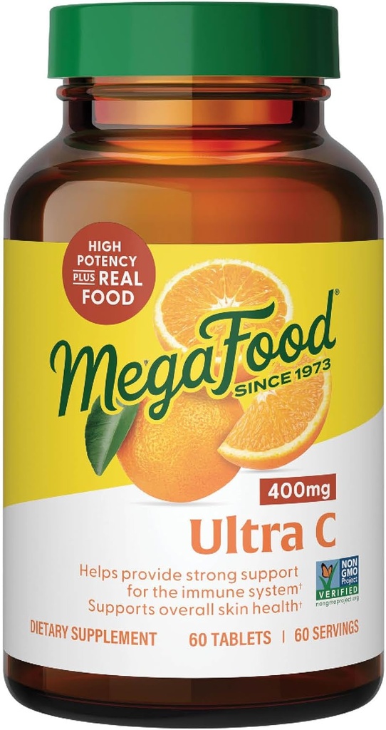 MegaFood Ultra C 400 mg - ビタミンCとビーガン免疫サポートサプリメント, ブロッコリーを含む本物の食品で作られた, ニンジン, クランベリー&玄米, グルテンフリー, コーシャ - 60 錠, 60 サービング