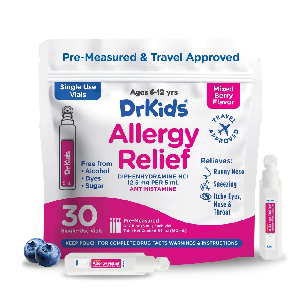 Dr. Kids Children's Allergy Relief Medicine with Diphenhydramine HCl 12.5 mg - Pre-Measured Single-Use Vials, Kids Antihistamine for Sneezing, Runny Nose & Itchy Eyes, Mixed Berry Flavor, 30 Count