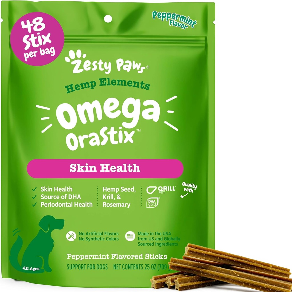 Zesty Paws OraStix for Dogs – Omega Sticks with Hemp Salmon Krill Oil Bone Broth Anti Itch Skin Coat Care Hip & Joint Health Heart Immune System Support Dog Tartar Teeth Cleaning 25oz