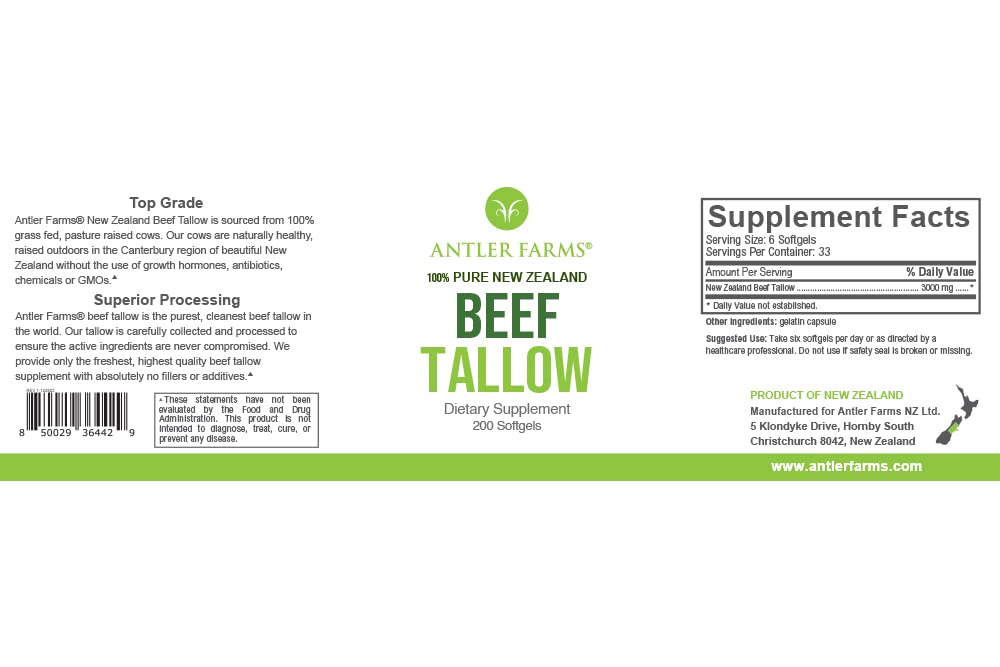 Antler Farms – 100% Pure New Zealand Beef Tallow - Grass Fed, Pasture Raised, Top Grade, Purified And Filtered, Natural Beef Tallow - 200 Softgels, 500mg
