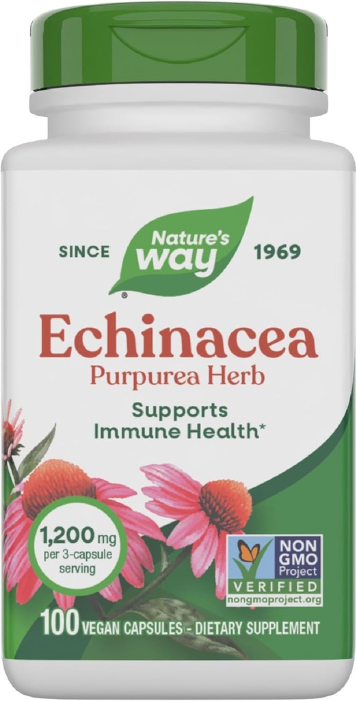 Nature's Way Echinacea Purpurea Herb, 免疫サポートサプリメント*, 1200 mg / 3-カプセルサービング, 非GMOプロジェクト検証, ビーガン, 100 カプセル (パッケージ 5 月 Vary)
