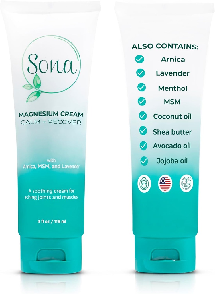 アルニカ、MSM、メンソール、およびラベンダーのマグネシウムクリーム - 睡眠サポートと脚のランプのための化粧マグネシウムローション、背中、脚、足、首に適用する - 4 oz