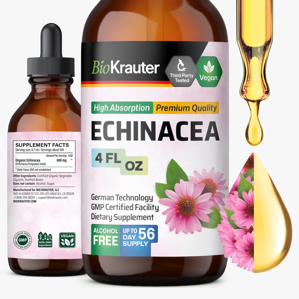 BIO KRAUTER Echinacea ドロップ - ナチュラル 免疫サポート - エキナセア チンチャー サプリメント - ビーガン, アルコール & 砂糖無料ドロップ - 4 Fl.Oz.