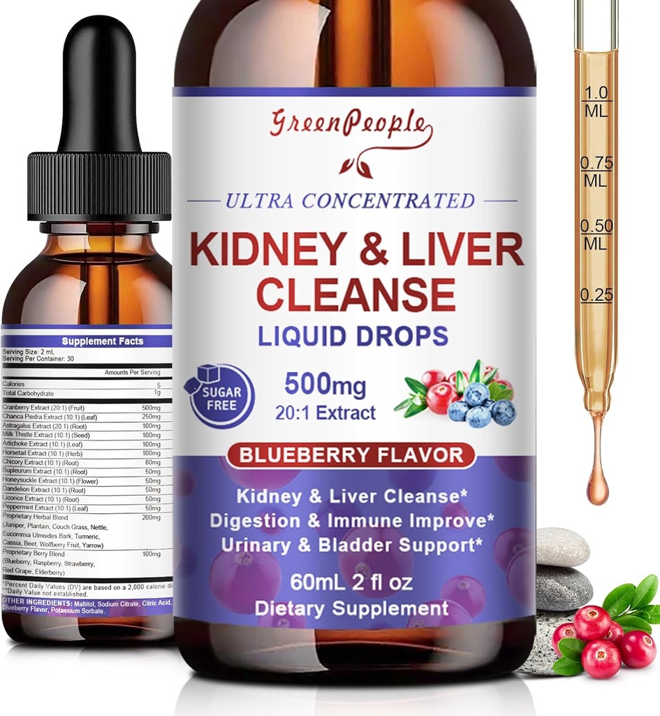 GREENPEOPLE Kidney Cleanse Detox & Repair - 27-In-1 Kidney & Liver Drops with 20:1 Cranberry Extract & Chanca Piedra, Alcohol-Free Supplement for Urinary Tract & Liver Support (2 Oz 1 Pack, Blueberry)