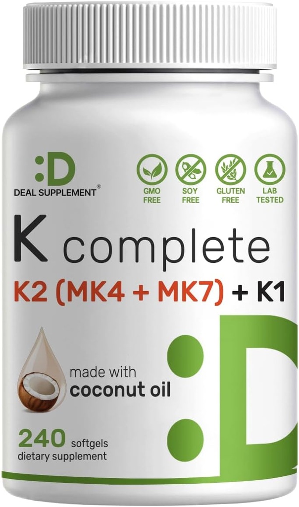 DEAL SUPPLEMENT ビタミン K 完全 - 240 ココナッツ オイル ソフトゲル | 高効力 ビタミン K2 (MK-7 と MK-4) & K1 | フルスペクトラム トリプル ビタミン K | 骨, ジョイント, 免疫 サポート – 非GMO