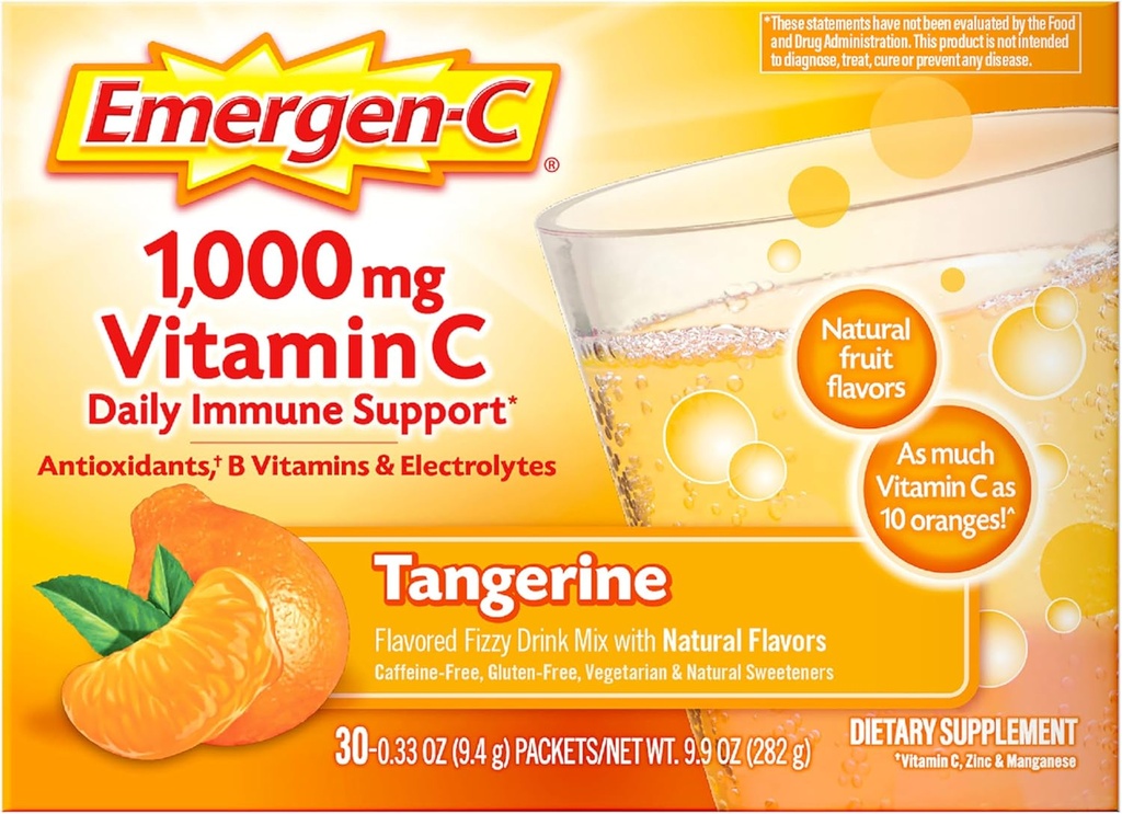 Emergen-C 1000mgビタミンC免疫サポートパウダータンジェリン30CTには、亜鉛、マンガン、7 Bビタミン、および電気分解剤が含まれています。