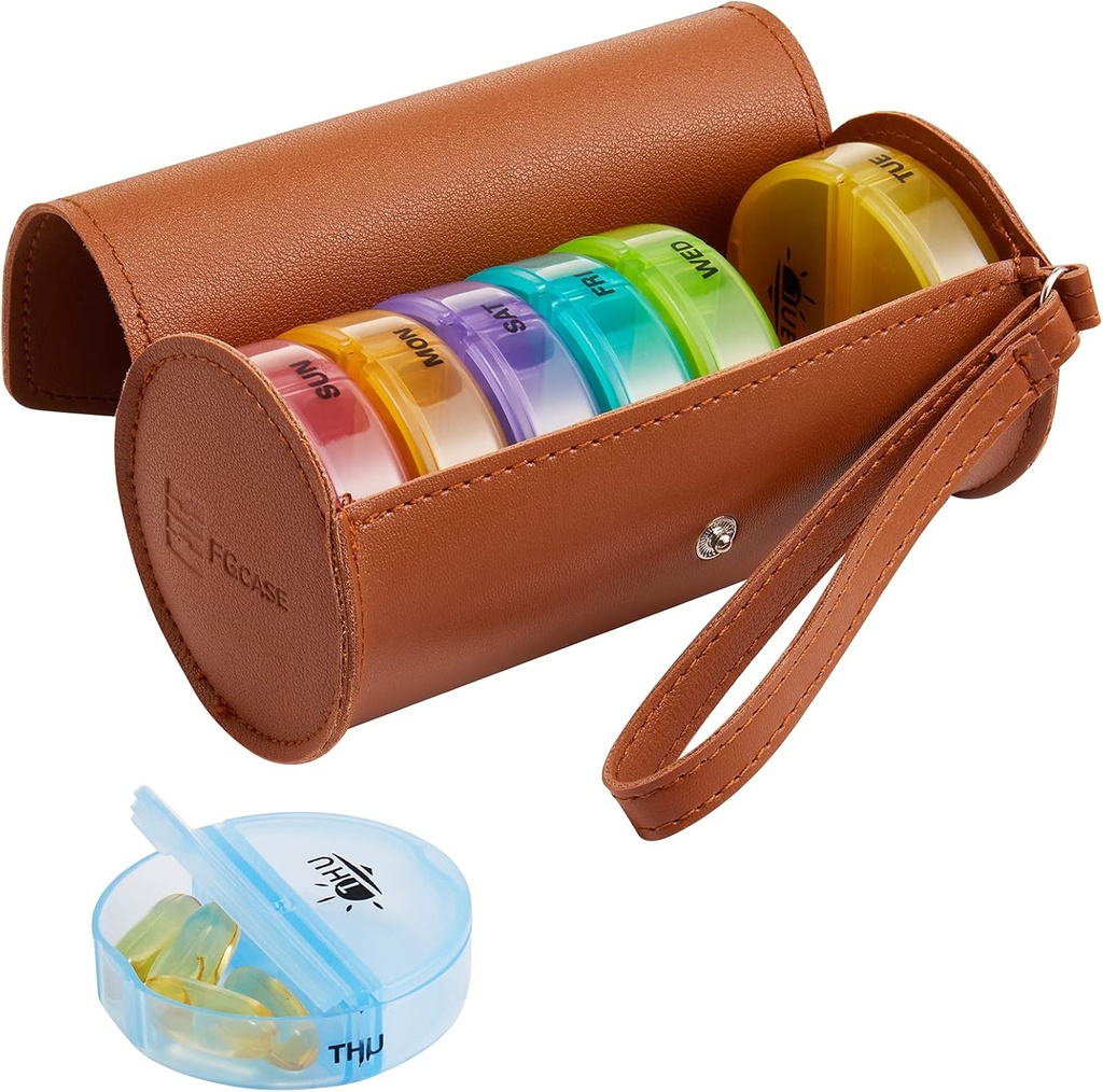 FGcase Weeklyの丸薬のオルガナイザー2はブラウンPUの革場合の携帯用旅行薬の容器が付いている1日の大きい7日の虹の丸薬箱を回しますビタミン、魚油、薬、補足のためのPMの丸薬箱を回します