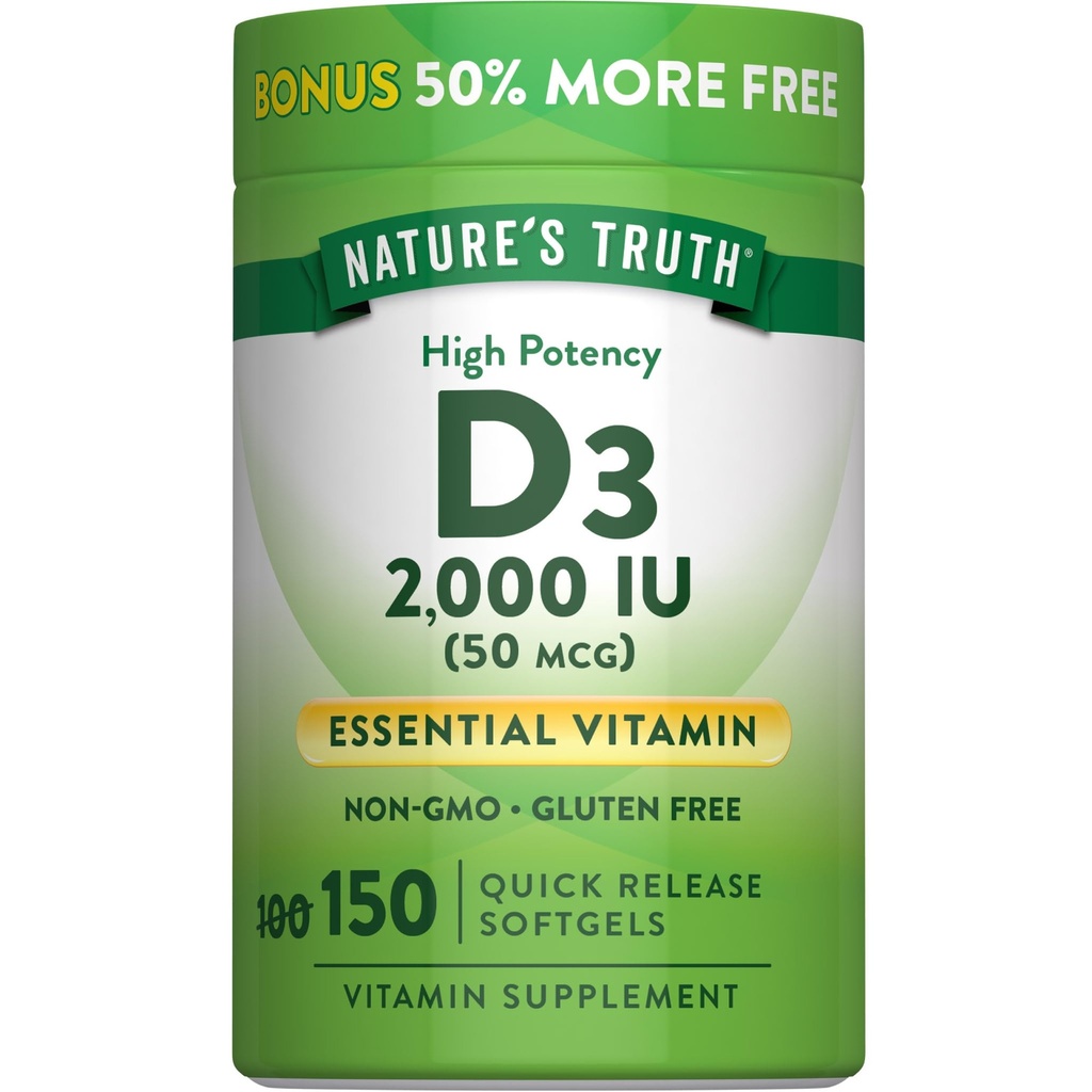 大人のための自然の真理ビタミンD3 2000 IU Softgels | 150 カウント | 高効力 | 非GMOとグルテンフリーのサプリメント