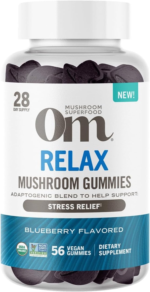 Om のきのこのスーパーフードはグミーをリラックス – 28 サービング – ブルーベリー Reishi & Ashwagandha Gummies for ストレス救済, リラックス & 気分のサポート