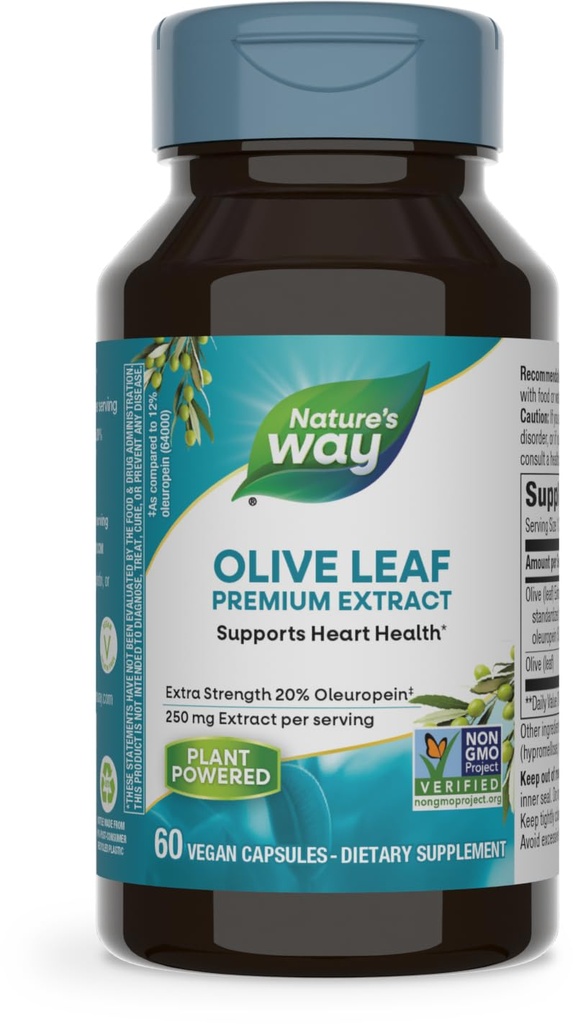 Nature's Way Olive Leaf, Premium Extract, 心の健康をサポート*, 20% Oleuropein, 250 mg /サービング, Non-GMOプロジェクト検証, 60 ビーガンカプセル (パッケージ 5 月 Vary)