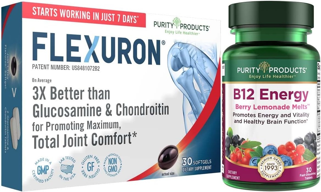 Purity Products Flexuron Joint Formula + B-12 Energy Melt Flexuron (Krill Oil, Low Molecular Weight Hyaluronic Acid, Astaxanthin) - B12 Energy Melt (Methylcobalamin B12, Vitamin D3, Biotin +More)