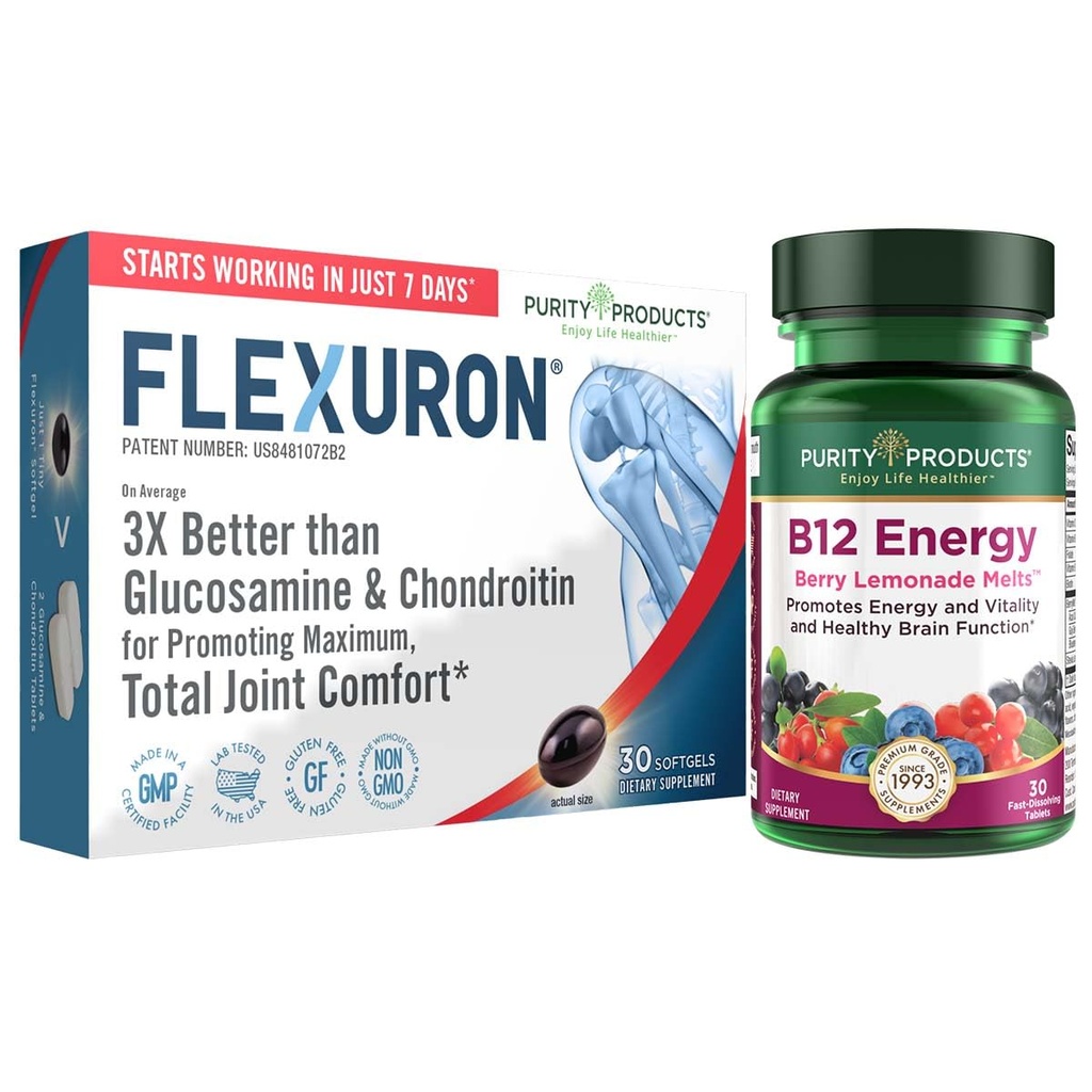Purity Products Flexuron Joint Formula + B-12 Energy Melt Flexuron (Krill Oil, Low Molecular Weight Hyaluronic Acid, Astaxanthin) - B12 Energy Melt (Methylcobalamin B12, Vitamin D3, Biotin +More)