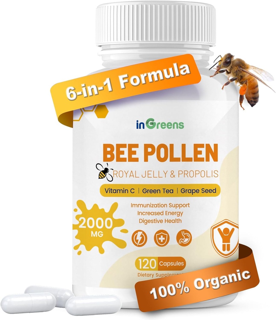 6-in-1 Bee Pollen Supplement, Bee Pollen for Women & Men, Immune & Energy Support, Non-GMO, Made in USA, 120 Capsules