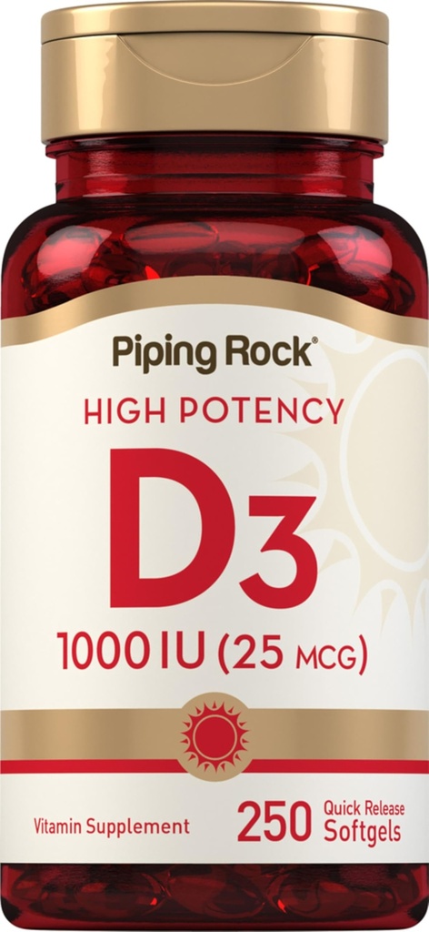 ピッピングロックビタミンD3 1000IU | 高効力(25 mcg) | 250 Softgels | 非GMO、グルテンフリーサプリメント
