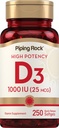 ピッピングロックビタミンD3 1000IU | 高効力(25 mcg) | 250 Softgels | 非GMO、グルテンフリーサプリメント