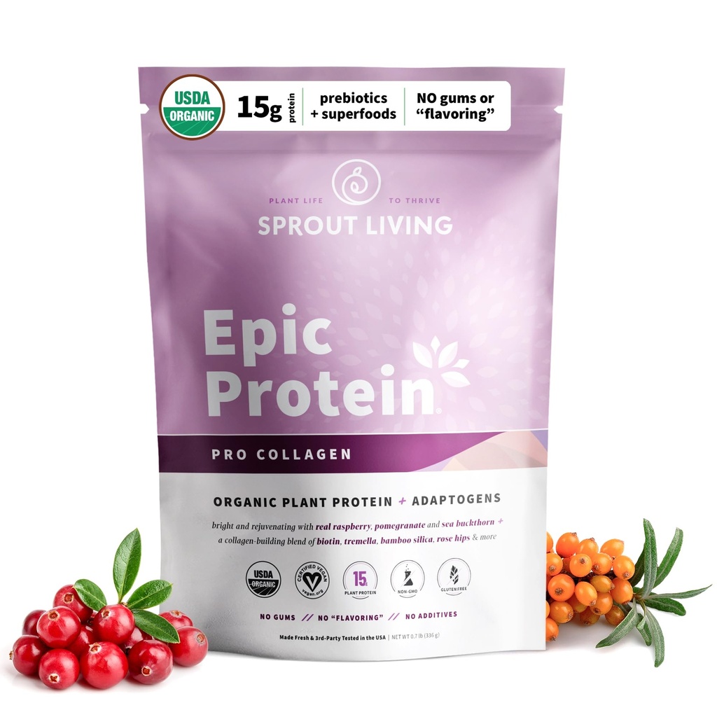 Sproutリビング叙事詩タンパク質, 植物ベースのタンパク質 & スーパーフードパウダー, プロコラーゲン, ベリー | 15 グラムオーガニックプロテインパウダー, ビーガン, 非乳製品, 非GMO, グルテンフリー, 低砂糖 (0.7 ポンド, 12 サービング)