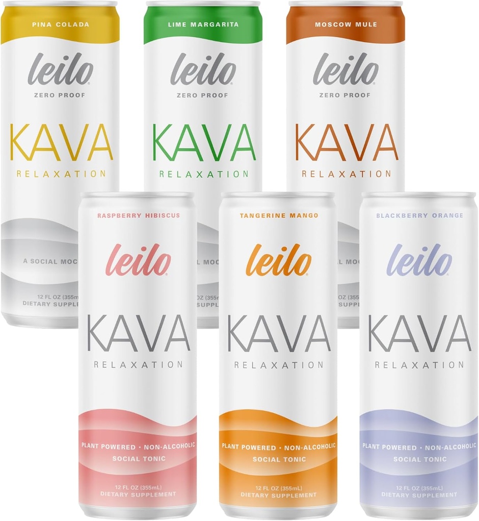 LEILO | カヴァ・パワード・スパークリング・リラクゼーション・ドリンク | バラエティ・サンプラー 6-パック – ノンアルコール飲料 – 含まれる (3) クラシック&(3) モークテール・フレーバー | 12 fl oz 缶 (6個入)