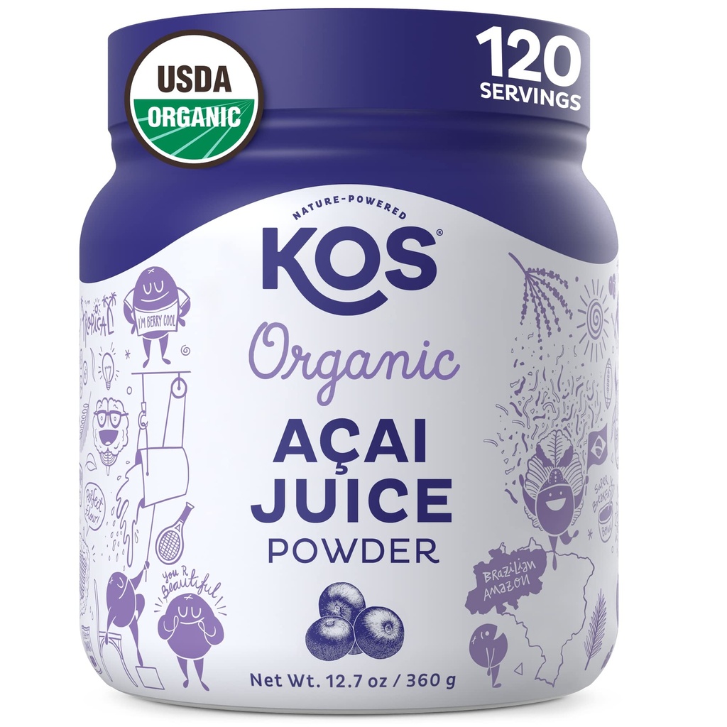 KOSオーガニックアサイジュースパウダー - USDA認定オーガニック、植物ベースのスーパーフード抗酸化剤、ブラジル産スーパーベリー、スムージーやボウルに最適です、0g砂糖、ビーガン、グルテンフリー、非GMO - 120のサービング