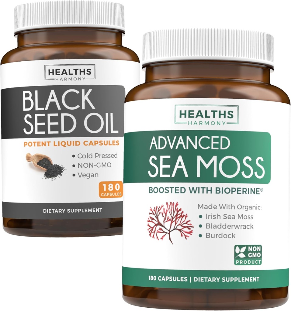 Black Seed Oil & Irish Sea Moss (3-Month Supply) - Power Duo Bundle of Black Seed Oil (180 Capsules) Cold-Pressed Nigella Sativa & Irish Sea Moss (180 Capsules) with Bioperine and Bladderwrack