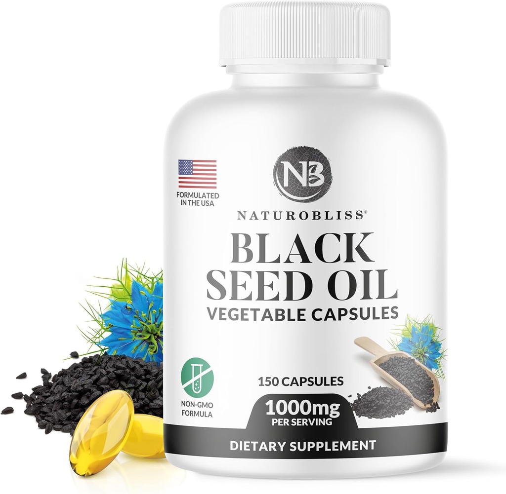 NaturoBlissブラックシードオイル - 150 Softgelカプセルスキンヘルス(非GMO&ビーガン)プレミアム冷間プレスニゲラサティバ生産純粋な黒カミンシードオイル - 2カプセルサービングあたり1000mg - 75サービング