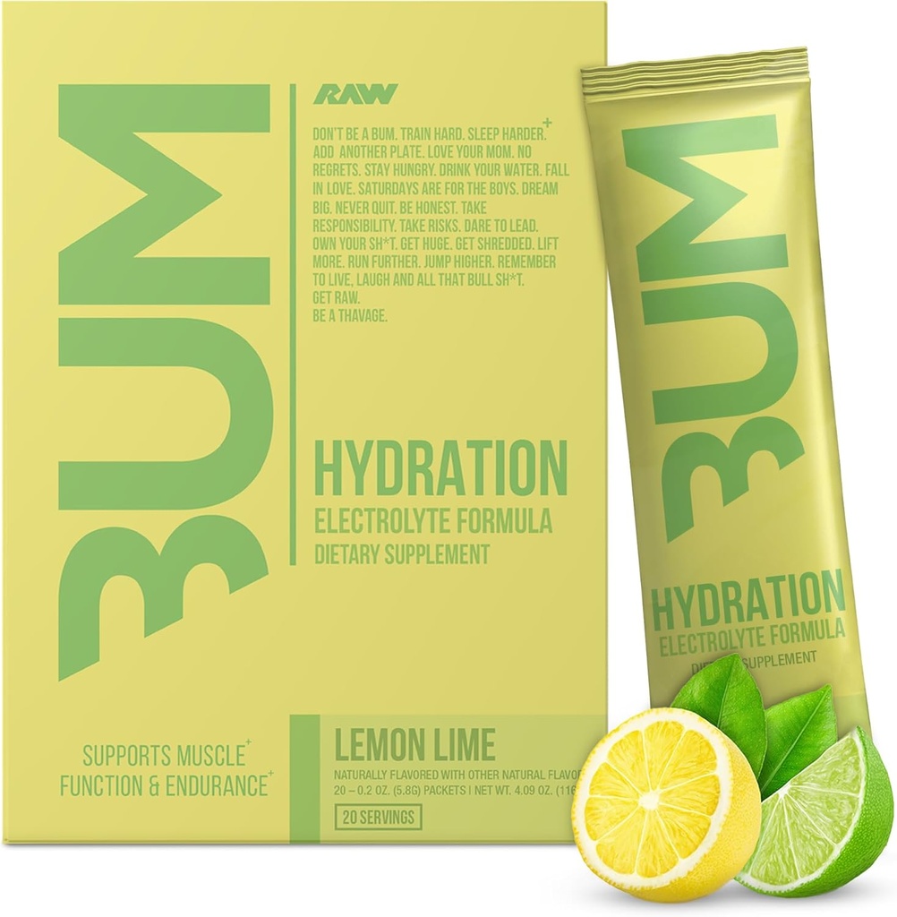 RAW 電解液パウダー 水分補給ドリンク ミックス パケット、Bum Hydrate(レモン ライム、20 サービング) - 電解液水パック 筋肉機能と耐久性をサポート - Keto 無料の電解液パウダー パケット