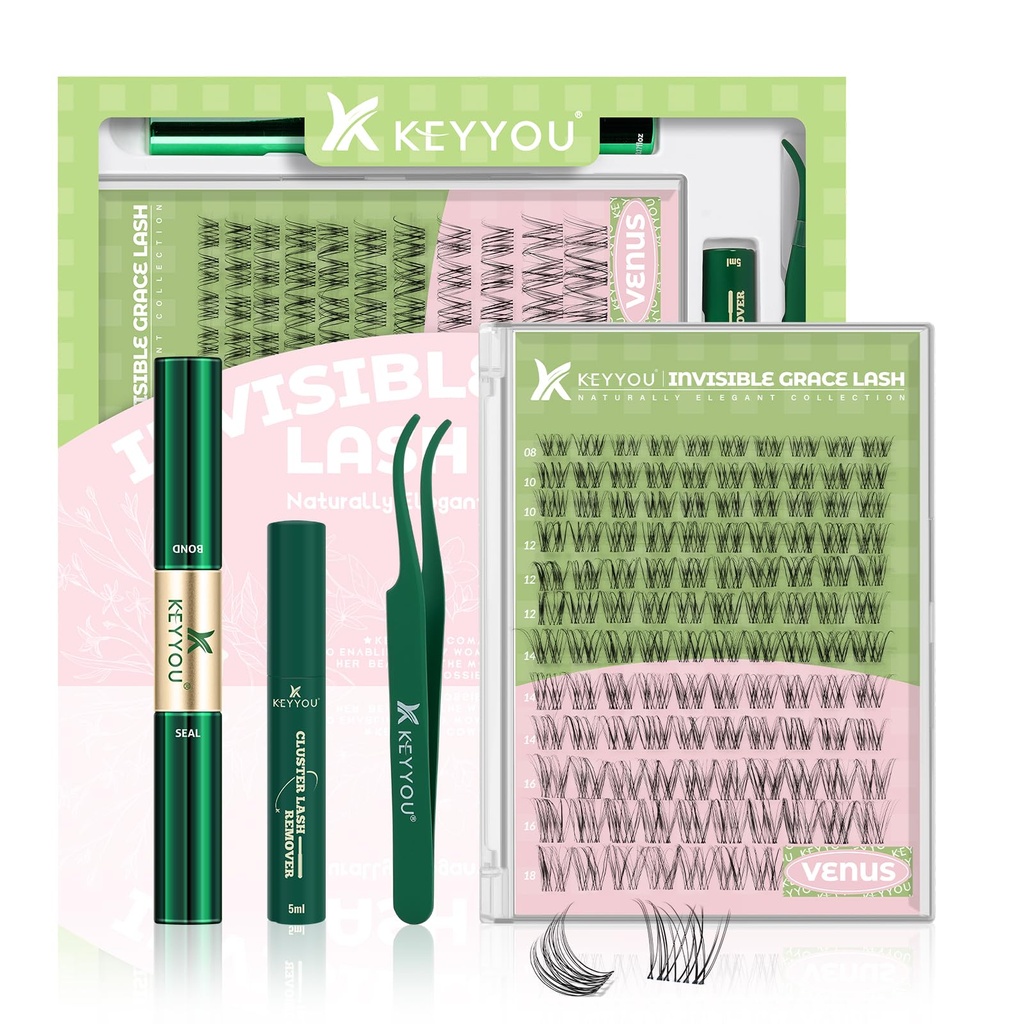 KEYYOU Venus Lash Clusters Kit Fairy Lash Extension Kit C Curl 120Pcs Eyelash Extension Wispy Natural Invisible Band with Waterproof DIY at Home(Venus-C-8-16MIX)