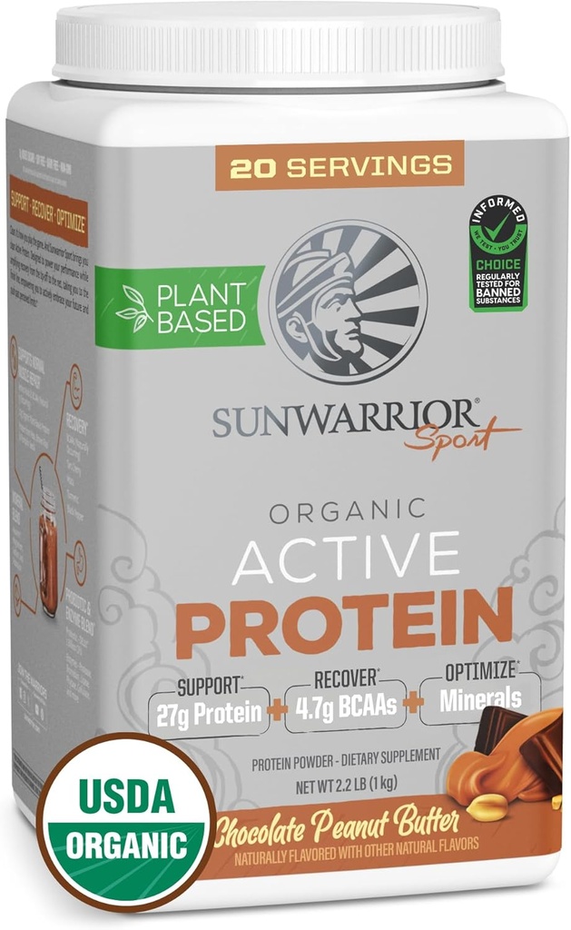 Sunwarrior Organic Plant based Protein Powder | BCAAs Plus Recovery Minerals & Botanicalsのヴィーガンオーガニックプロテインパウダー | Non-GMO Soy Dairy & Gluten Free(チョコレートピーナツバター、20サービング)