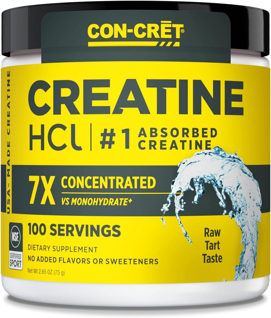 CON-CRET Creatine HCl Powder | Muscle, Cognitive, Cellular Energy Support | No Bloating or Cramps | USA Made & NSF Certified | Unflavored (100 Serving)