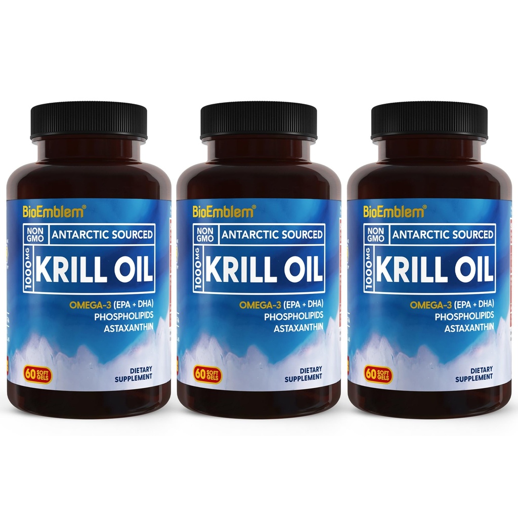 BioEmblem 3のパックのAntarcticのKrillオイル1000mg Softgels、EPA + DHA、アスタキサンチンおよびPhospholipidsの高いレベルが付いているオメガ3sオイルは、頭脳の健康、180カウント非GMO、グルテンフリー、90日の供給を支えます