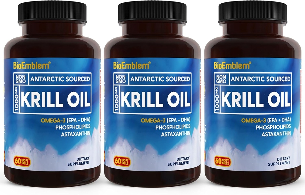 BioEmblem 3のパックのAntarcticのKrillオイル1000mg Softgels、EPA + DHA、アスタキサンチンおよびPhospholipidsの高いレベルが付いているオメガ3sオイルは、頭脳の健康、180カウント非GMO、グルテンフリー、90日の供給を支えます