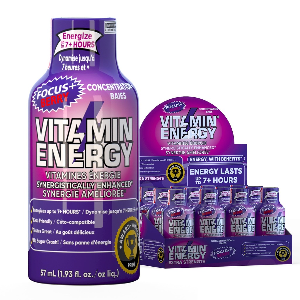 ビタミン エネルギー焦点+の余分強さエネルギー ショット ベリー 12 のパック、260mg 自然なカフェイン、B ビタミン、CoQ10、アミノ酸、焦点、生産性及び明白、ゼロ砂糖、グルテンフリー、1.03 fl oz