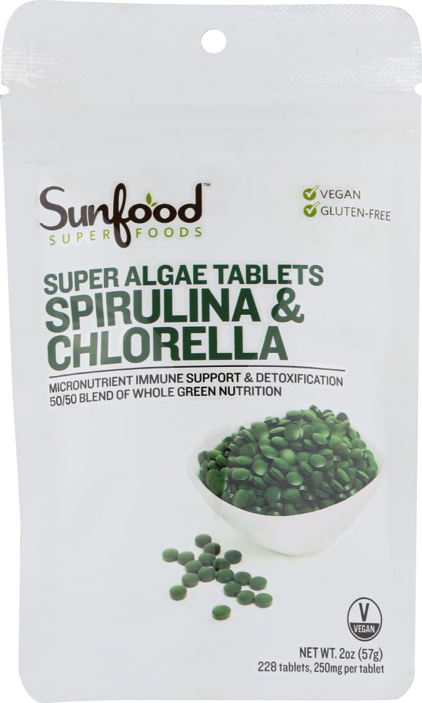 Sunfood Chlorella Spirulina タブレット - Spilina と Chlorella パウダー ピル, グリーン Algae サプリメント 豊富な クロロフィル, 壊れた細胞壁, 完全菜食主義者の - 2 oz バッグ