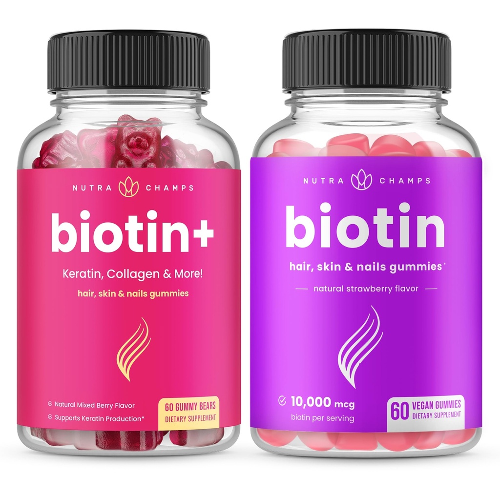 NutraChamps Biotin+ & Biotin のリリース 毛、皮および釘のための完全なDuo。